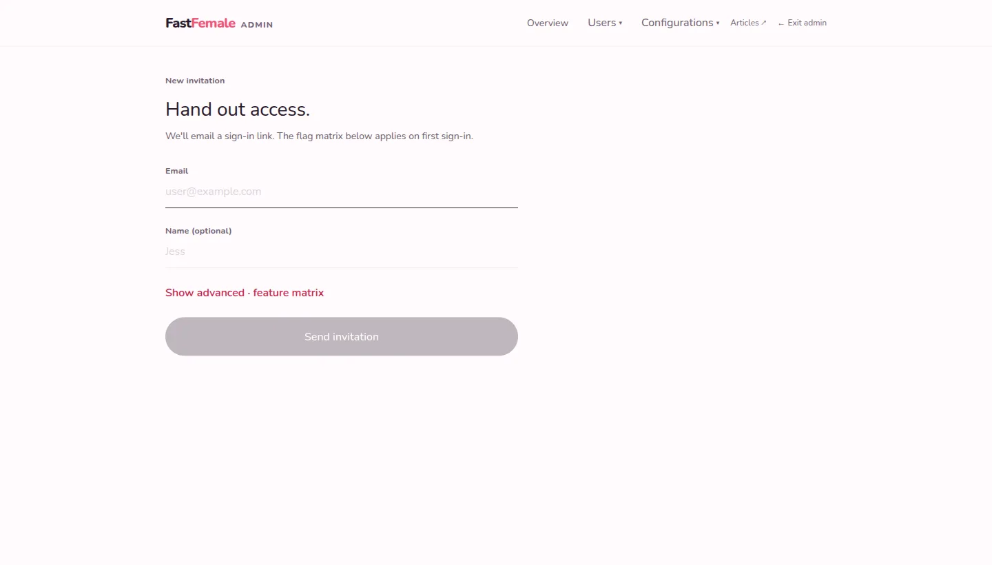 The Fast Female admin screen for sending an invitation with per-feature switches
