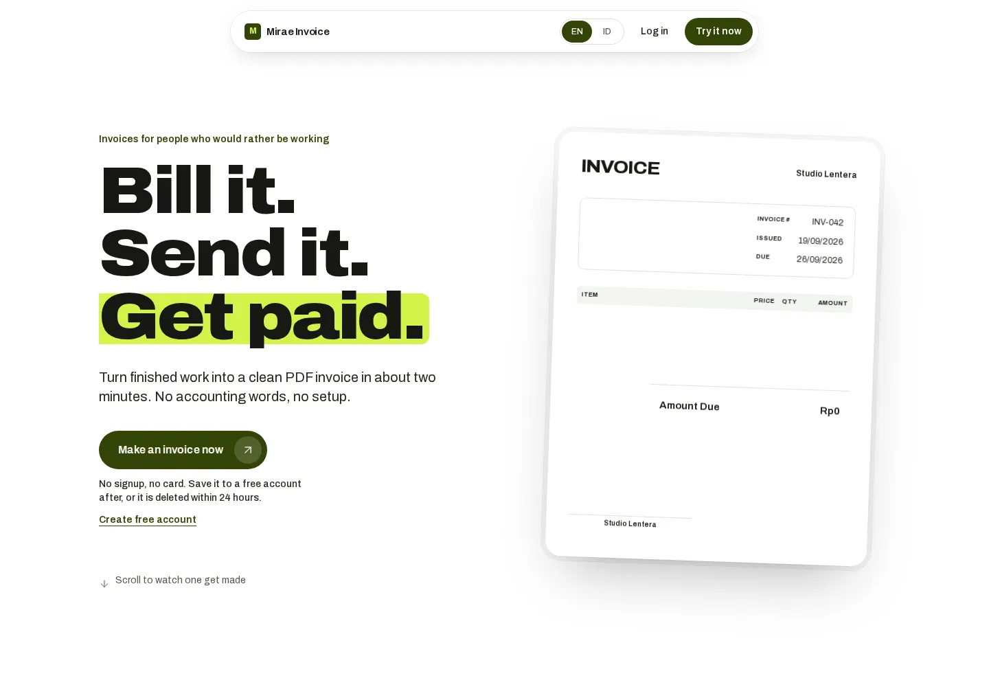 The Mirae Invoice website